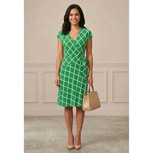 ​NWOT Ann Taylor Green White Geometric Lattice Faux Wrap Dress L Knit Classic